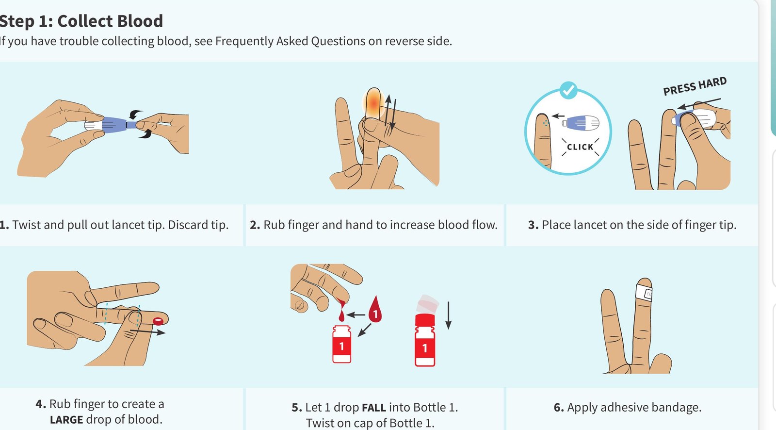 Step 1 illustrations from the bioLytical IFU showing all 6 sub-steps: twist and pull lancet tip, rub finger, place lancet on side of fingertip and press hard, rub finger to create large drop, let drop fall into Bottle 1, apply bandage