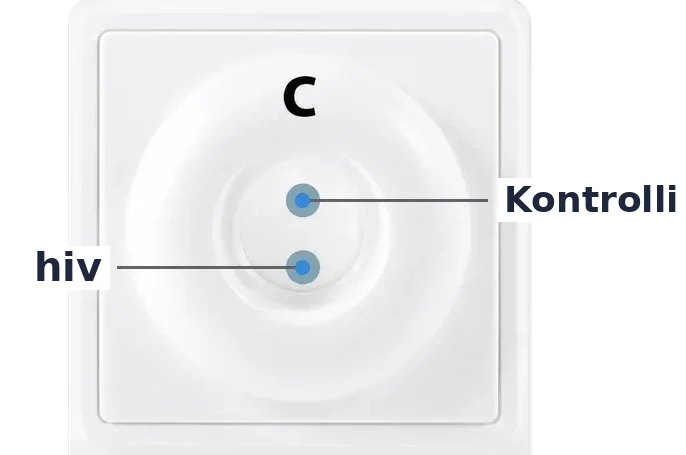 Lähikuva INSTIn tulosikkunasta, jossa kontrolli- (C) ja hiv-piste on merkitty