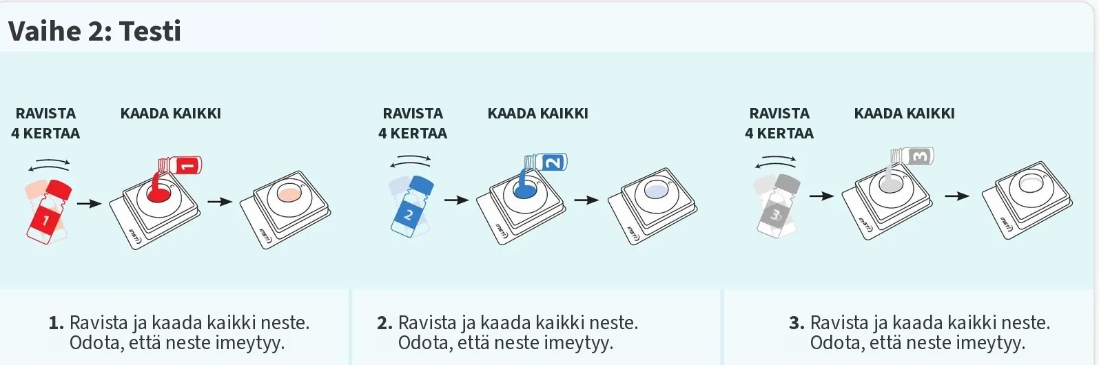 Vaihe 2, testaus: ravista ja kaada Pullo 1, sitten Pullo 2 ja Pullo 3 testilaitteelle